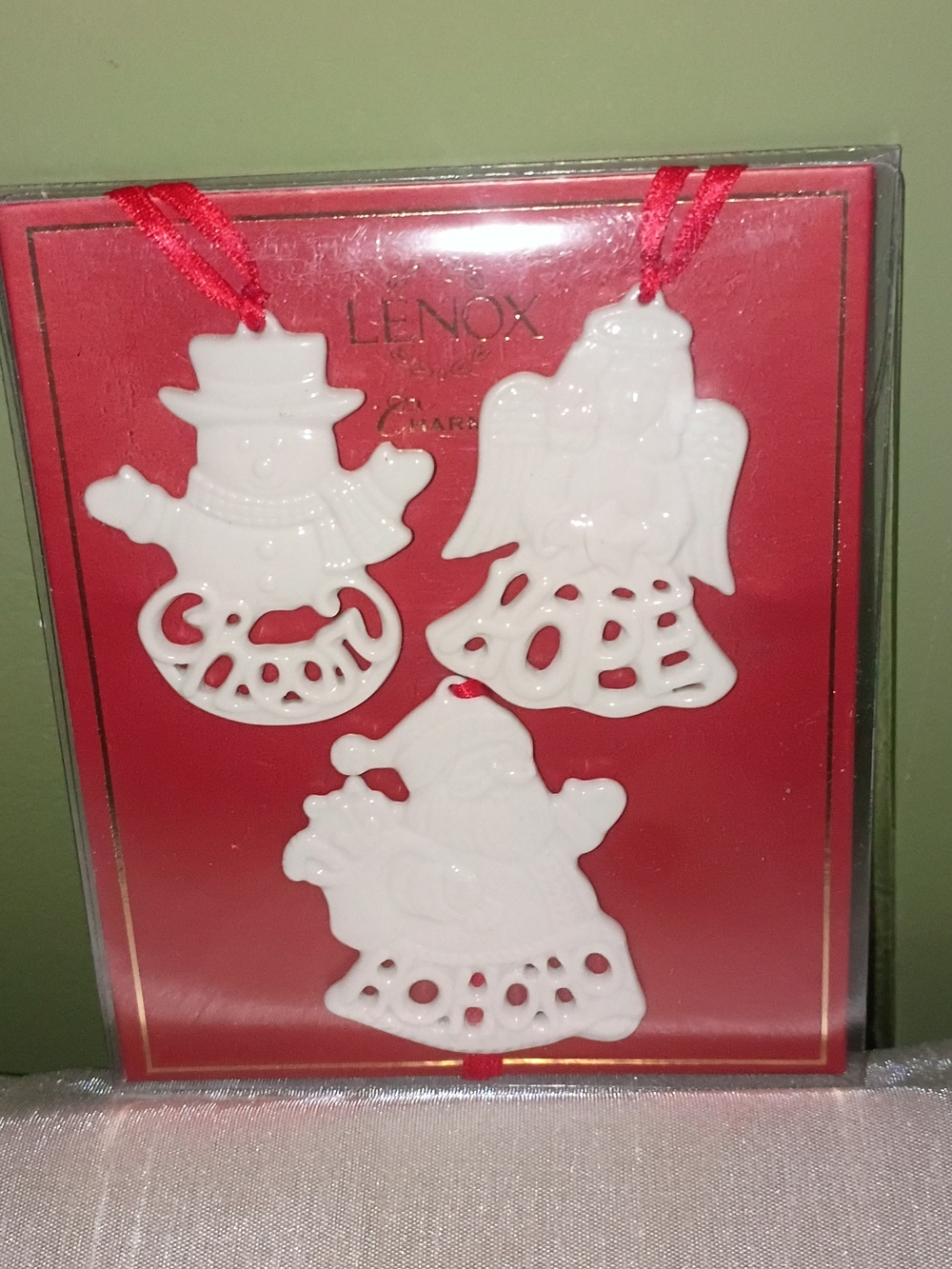 Lenox White Porcelain Holiday Ornament Trio with Red Ribbons